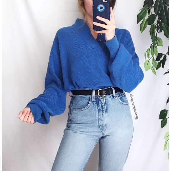 Vintage Sweaters - 🍂 Vintage Royal Blue Henley Chunky Knit Sweater